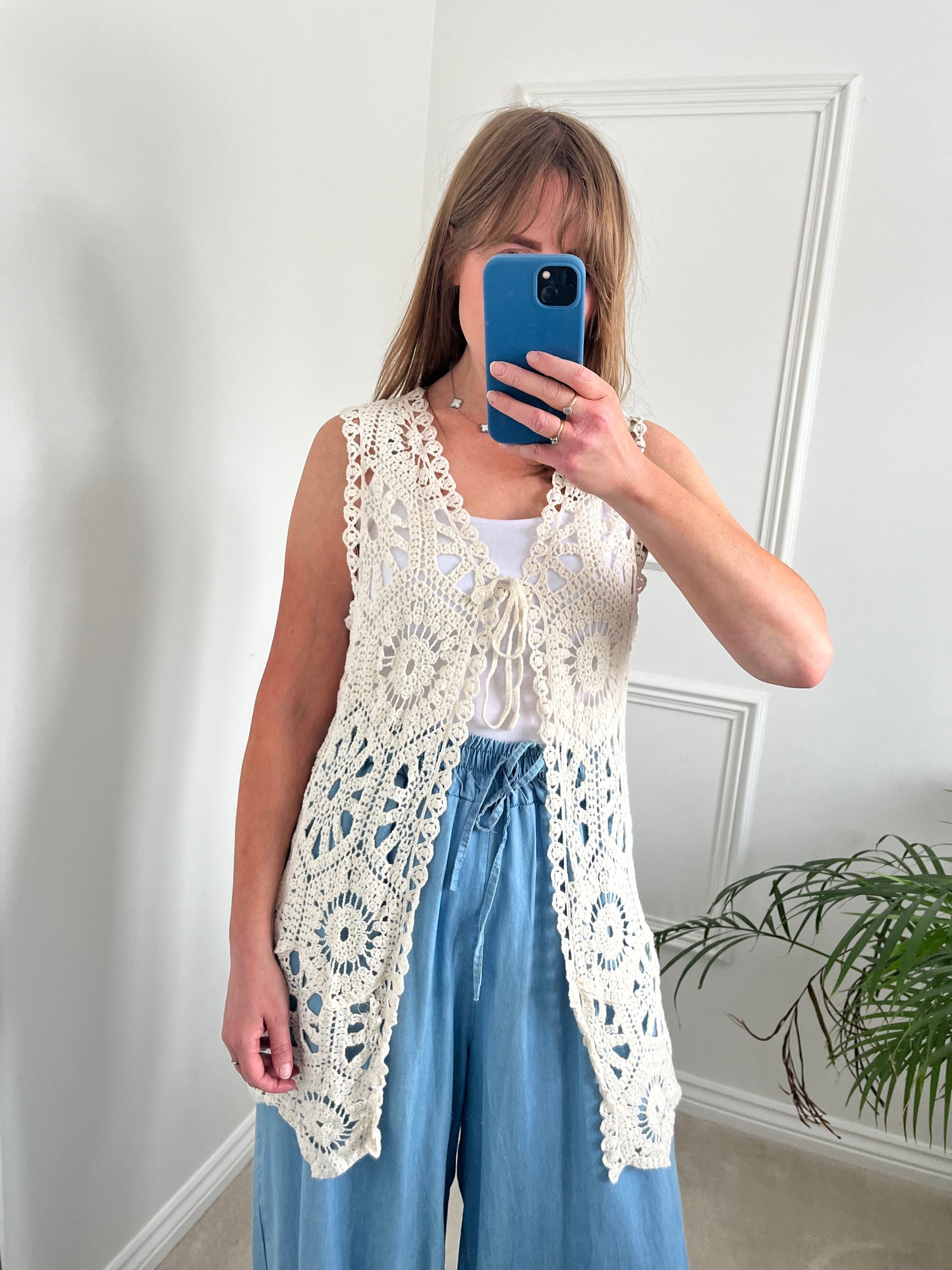 Beige Crochet Sleeveless Cardigan