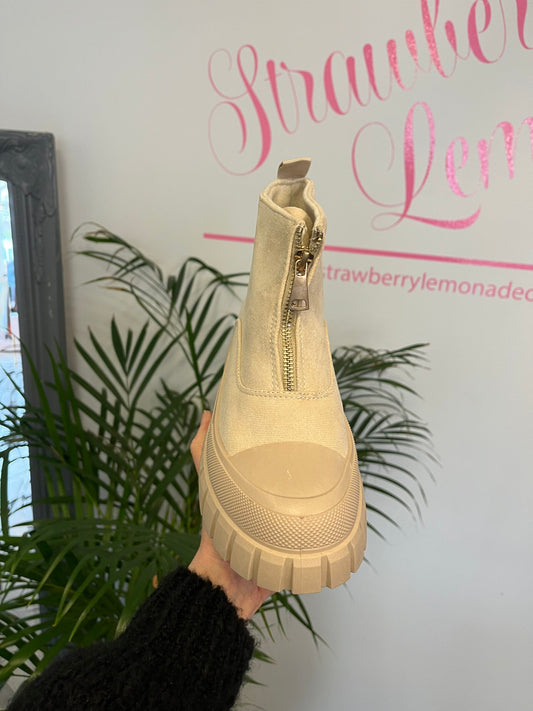 Zip Front Ankle Boots in Beige image 1