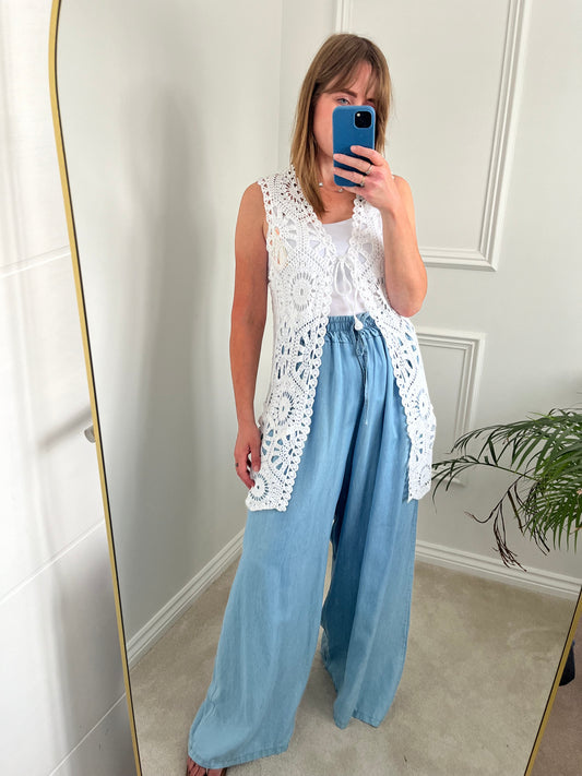 White Crochet Sleeveless Cardigan