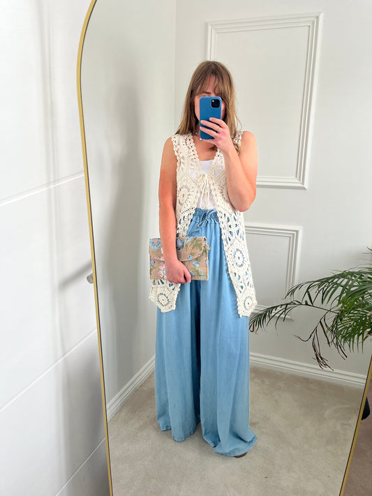 Beige Crochet Sleeveless Cardigan