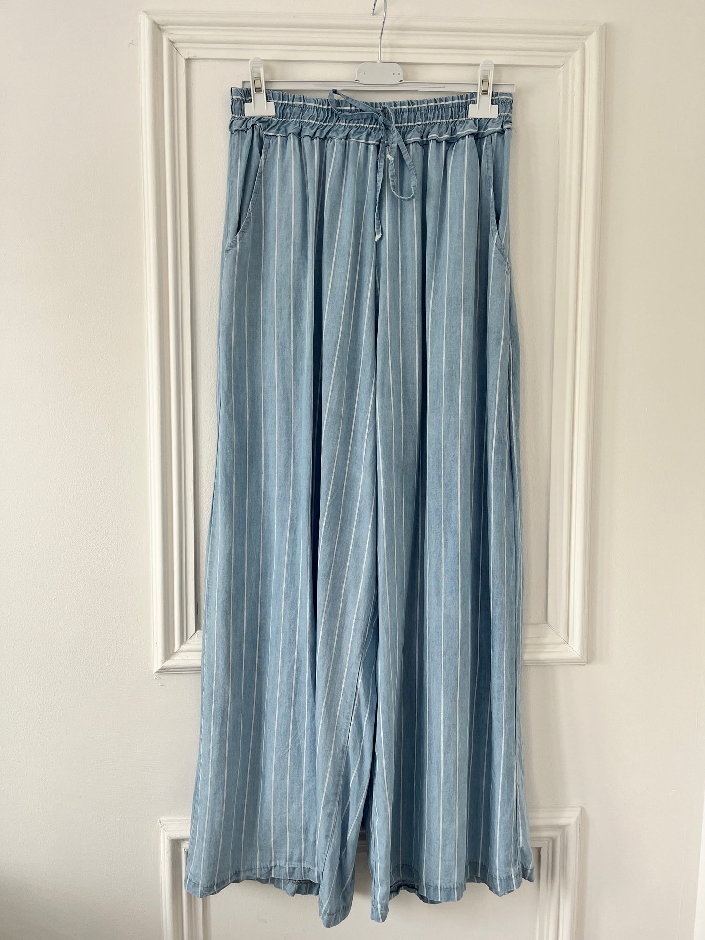 Pinstripe Denim Wide Leg Trousers