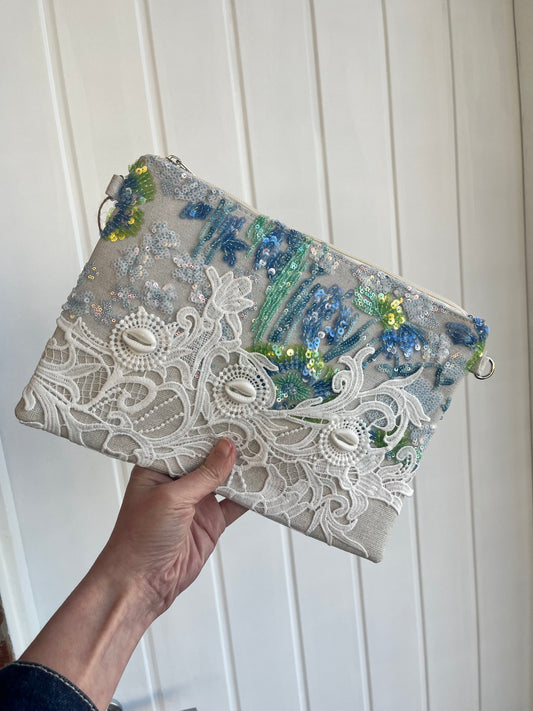 Lace & Sequin Straw Clutch Bag