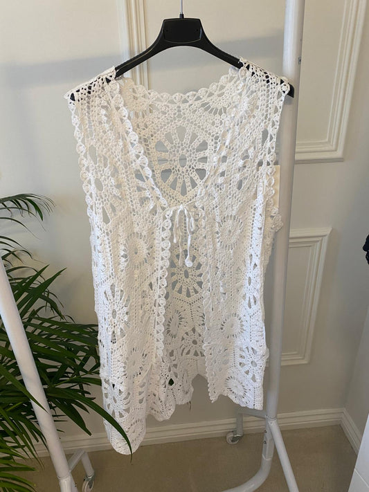 White Crochet Sleeveless Cardigan image 1