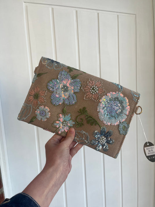 Blue Floral Straw Clutch Bag