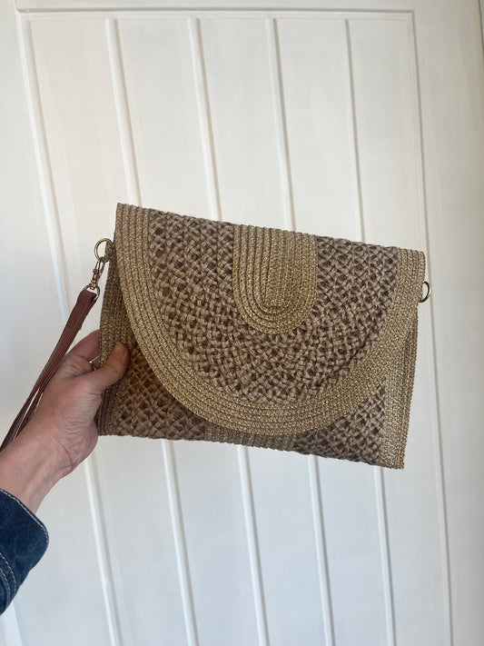 Tan Braided Straw Clutch Bag