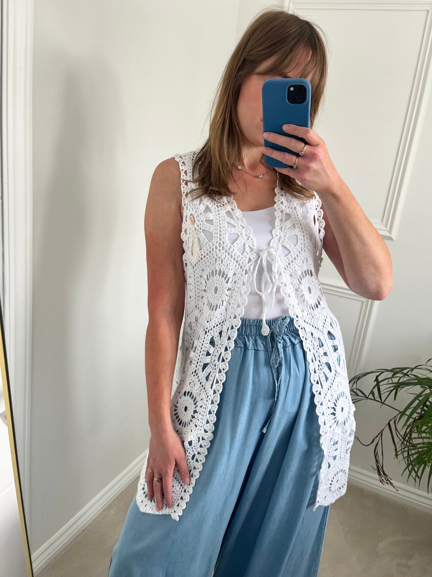 White Crochet Sleeveless Cardigan
