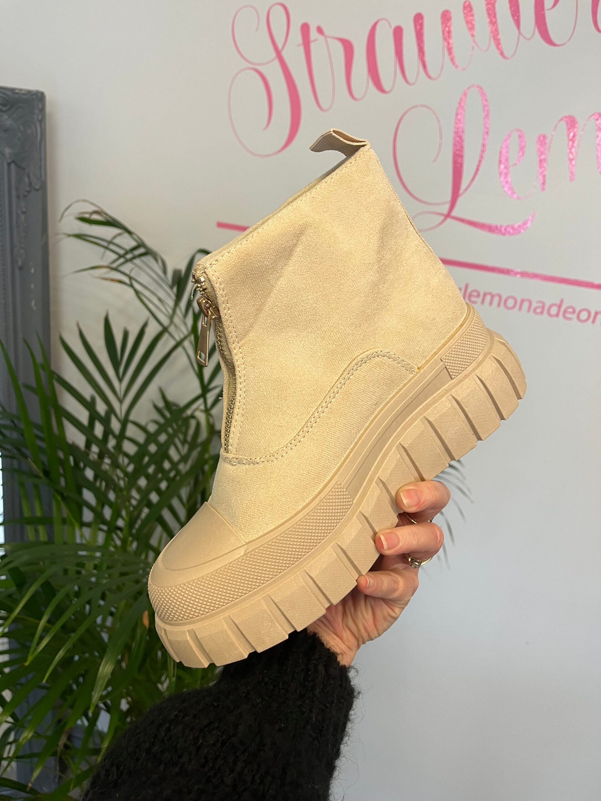 Zip Front Ankle Boots in Beige image 2