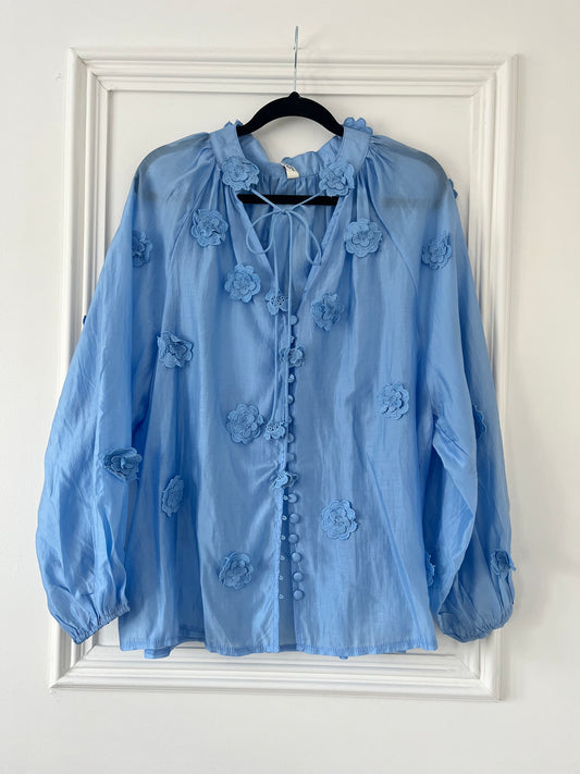Blue Floral Chiffon Blouse