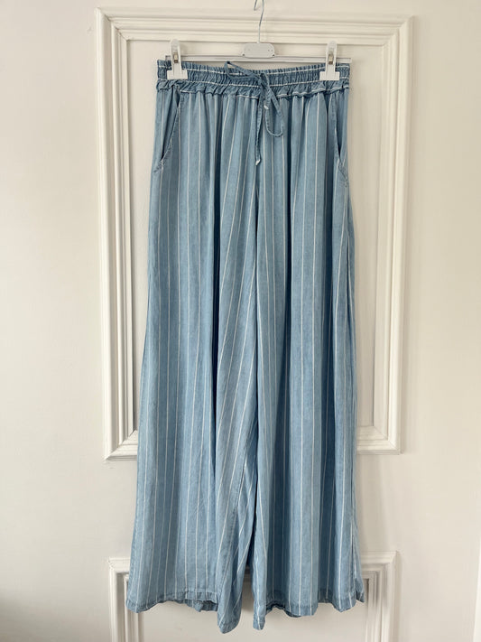 Pinstripe Denim Wide Leg Trousers