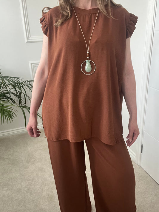 Brown Frill Trouser Set