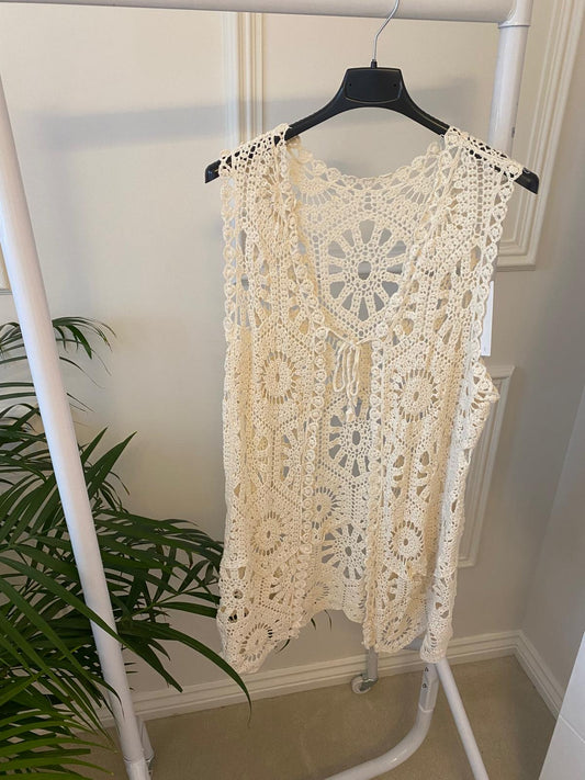 Beige Crochet Sleeveless Cardigan image 1