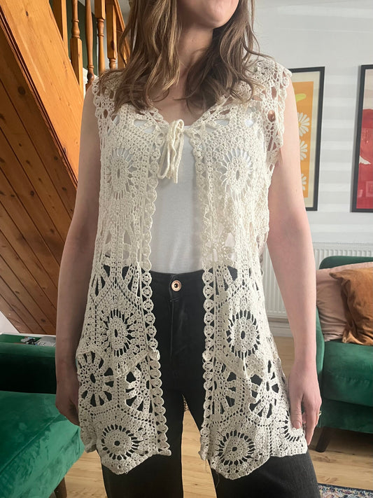 Beige Crochet Sleeveless Cardigan image 0