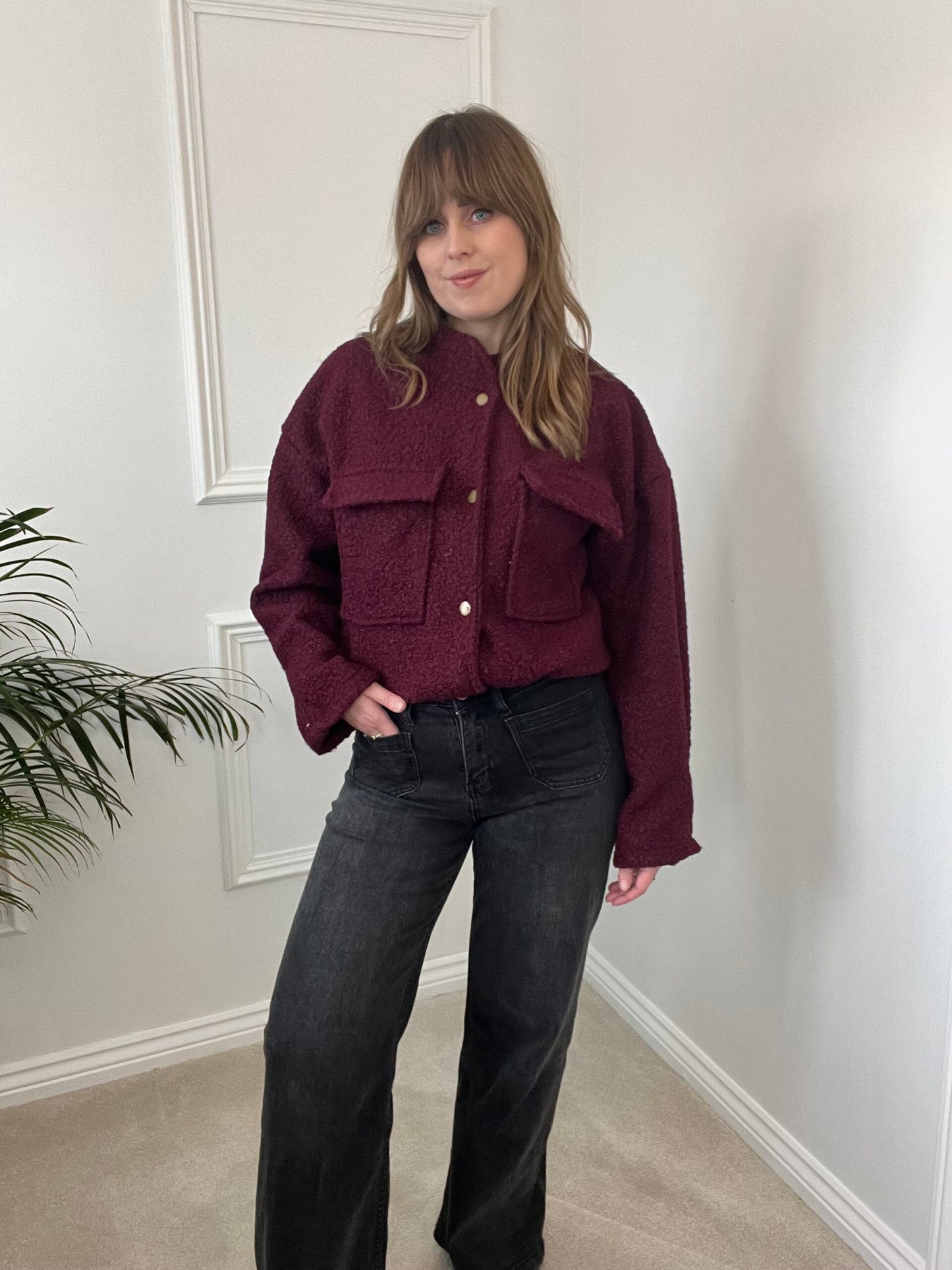 Burgundy Boucle Bomber Jacket image 0